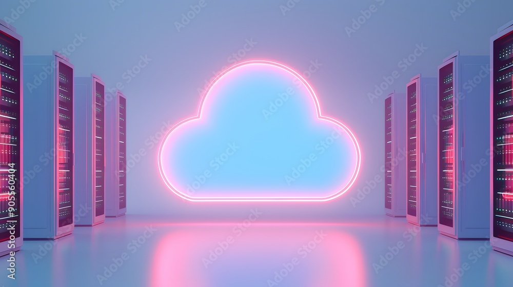 Aufkleber futuristic data center with neon cloud computing technology and glowing server racks, symbolizing mo