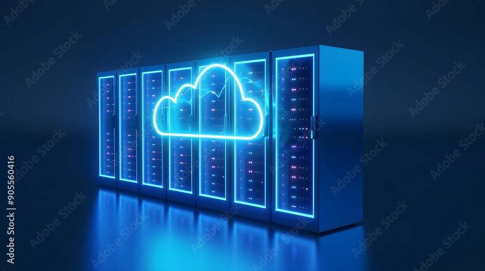 Poster futuristic data center with neon cloud symbol representing cloud computing and data storage solution