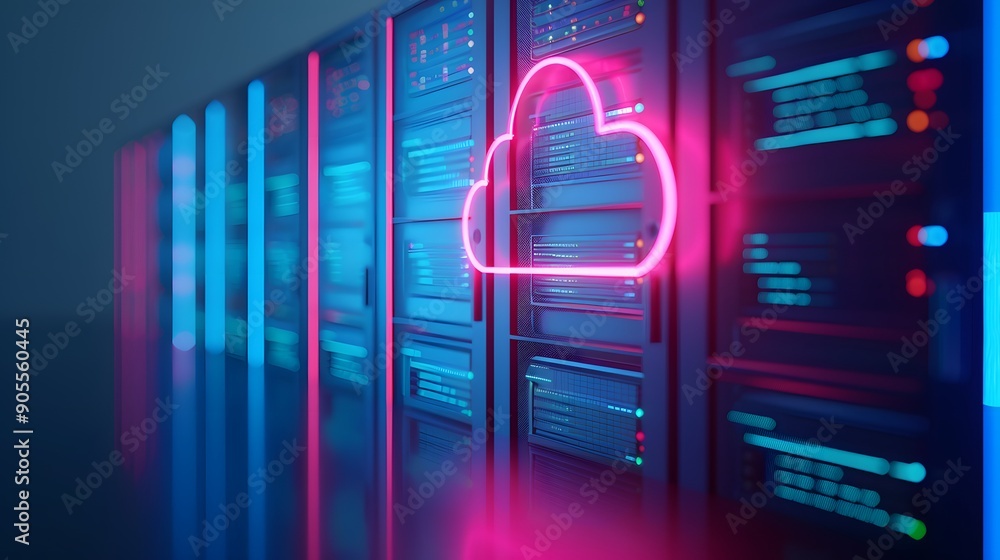 Poster futuristic data center with neon cloud symbol representing cloud computing and data storage technolo