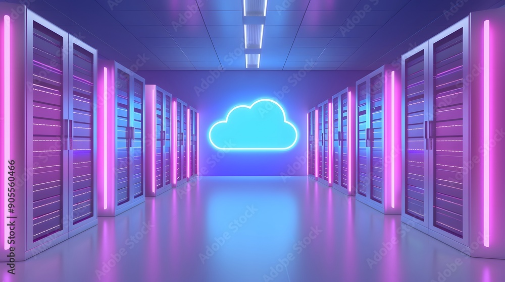 Aufkleber futuristic data center with neon lights and cloud symbol, representing modern technology, cloud comp