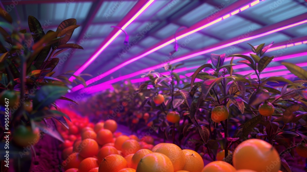 Poster brightly colored oranges sit on the ground while orange trees thrive under vibrant led lighting in a