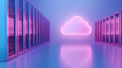 Fototapeta premium Futuristic data center with neon cloud symbolizing cloud computing and modern technology, showcasing server racks in a glowing environment.