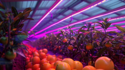 Brightly colored oranges sit on the ground while orange trees thrive under vibrant LED lighting in a greenhouse.