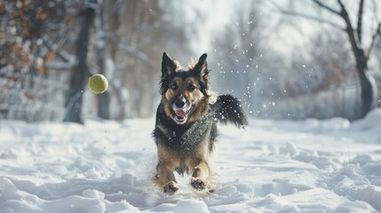 Naklejka premium An enthusiastic dog plays with a ball Run and play in the snow surrounded by nature.