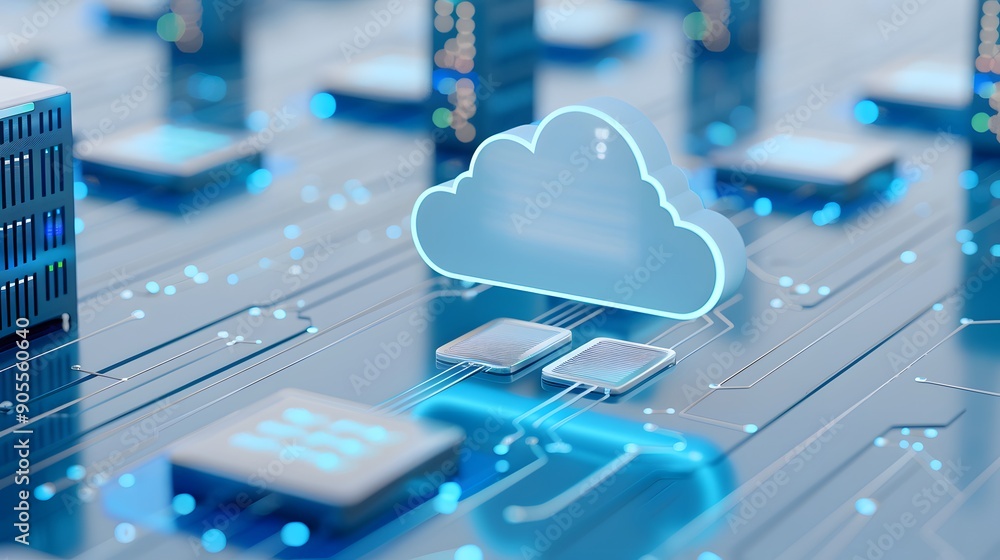 Poster futuristic depiction of cloud computing technology with digital data storage and electronic circuits