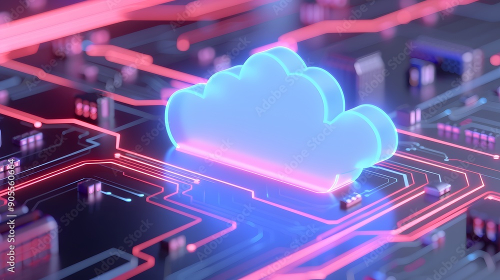 Poster futuristic depiction of cloud computing technology with neon lights and circuit board in vibrant col