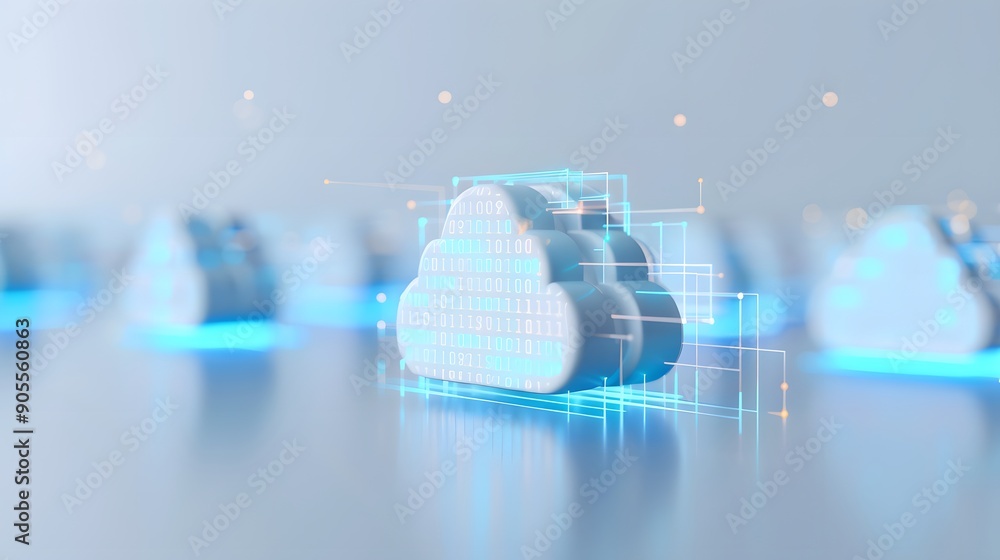 Poster futuristic digital cloud computing concept with glowing and holographic elements representing modern