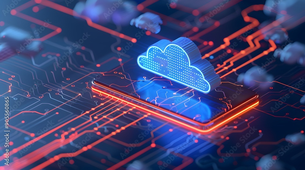 Poster futuristic digital cloud computing concept with circuit board and data processing. blue and red neon