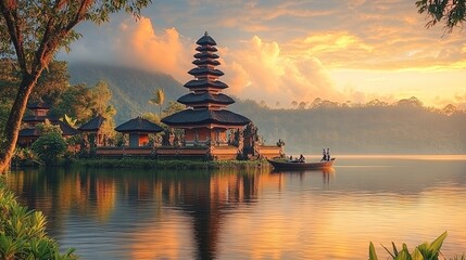 Tourists enjoying a boat trip on tranquil water at sunset near a temple in bali