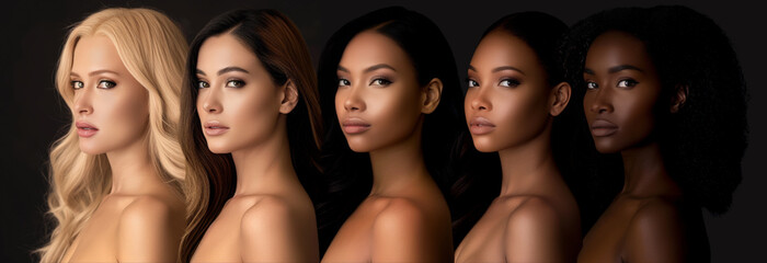 Obraz premium A diverse group of five women with different skin tones in gradient order posed in a row, facing forward, against a dark background