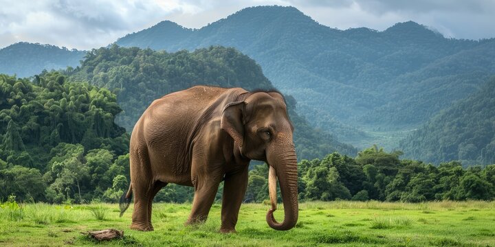 Big Asian elephant walking in open green nature park surrounded by trees and grassland. AI generated illustration.