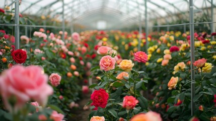 Obraz premium A greenhouse is filled with blooming roses showcasing various colors, creating a vibrant atmosphere and a delightful floral display.