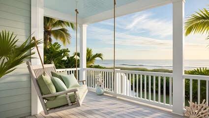 front porch of a beachfront home featuring cushions and a swing chair with a distant view of the ocean