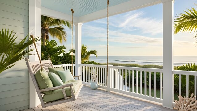 front porch of a beachfront home featuring cushions and a swing chair with a distant view of the ocean