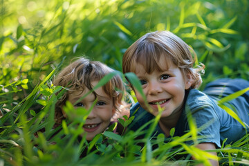 joyful children who play in the green grass