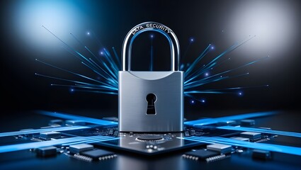 A keyhole-equipped data security padlock located at the convergent point of a circuit. privacy of digital data and information. Network security, current and future digital safety, and technology 