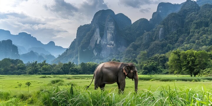 Big Asian elephant in open green nature park. AI generation.