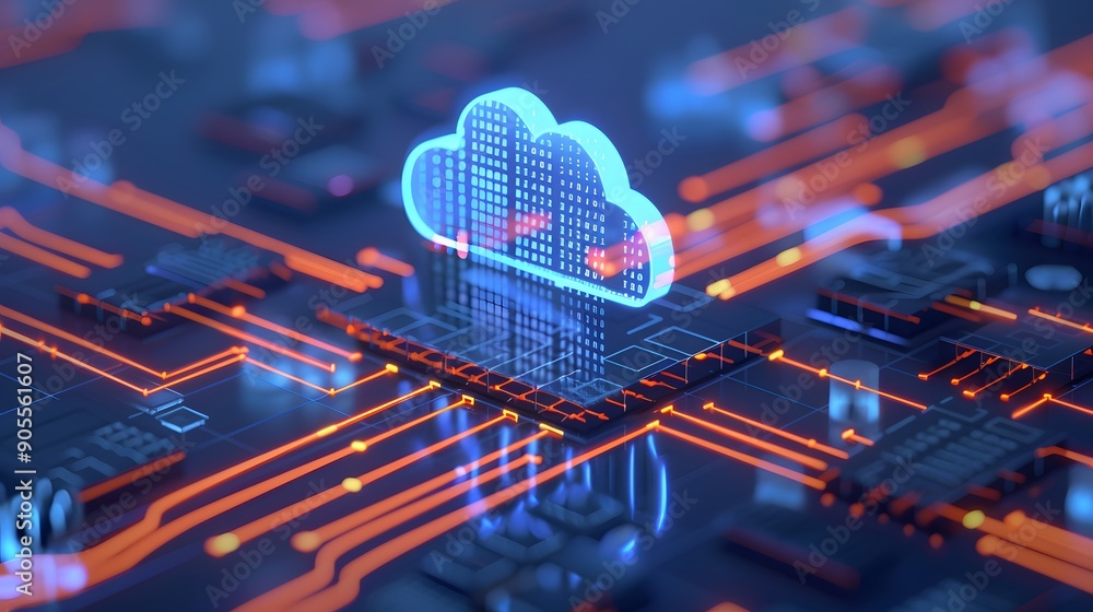 Poster futuristic digital cloud icon on circuit board representing cloud computing, technology innovation, 
