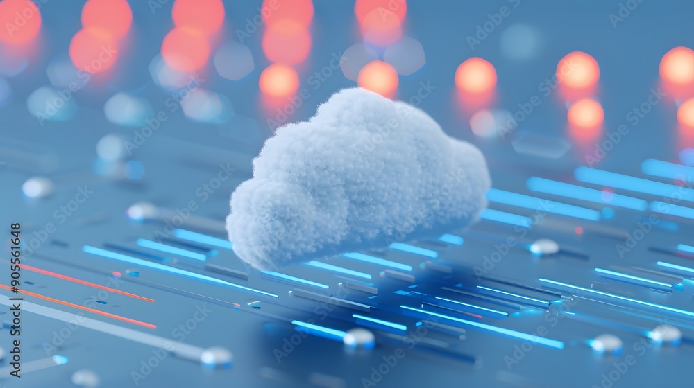 Poster futuristic digital cloud storage concept with a cloud symbol floating over a circuit board, highligh