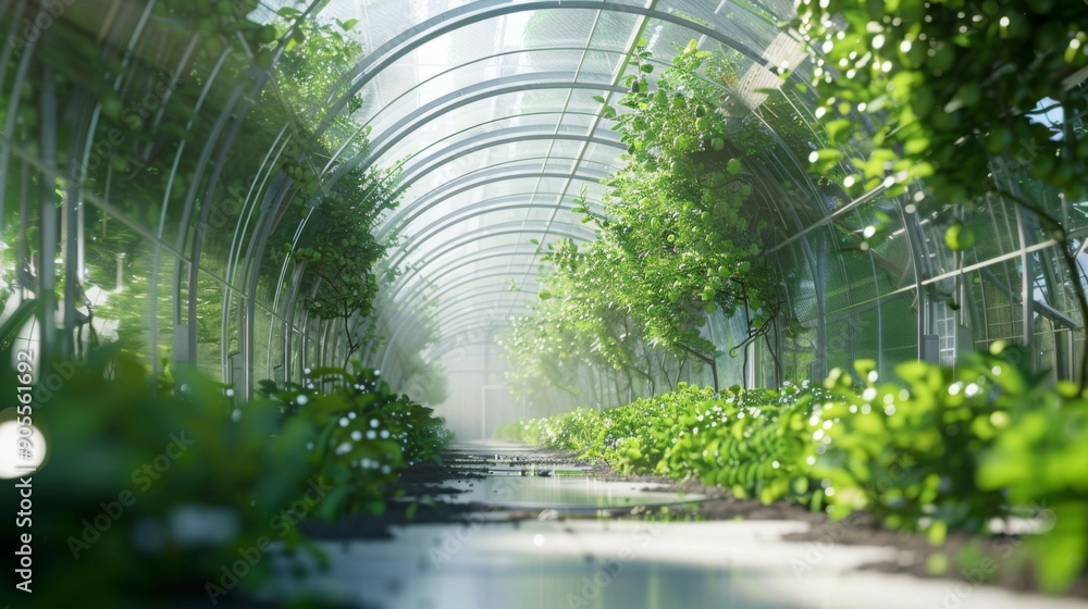 Poster a tranquil pathway in a greenhouse filled with young trees, surrounded by greenery and morning mist,