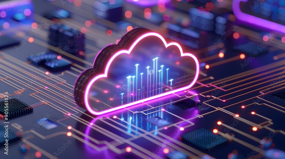 Poster Futuristic digital cloud storage technology concept with neon lighting on a circuit board. High-tech data storage and computing background.