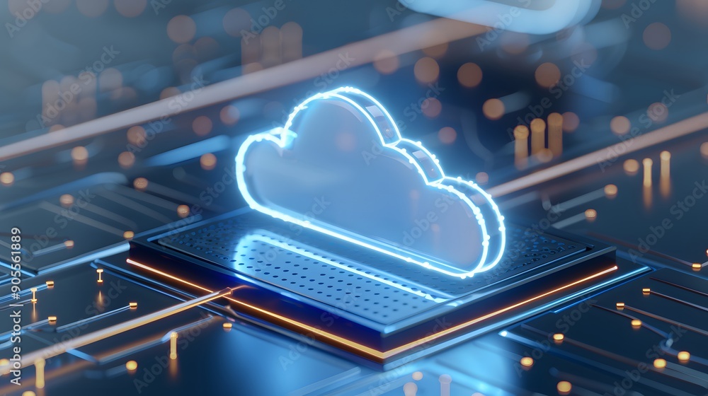 Poster futuristic digital cloud symbolizing cloud computing technology on a high-tech circuit board with gl