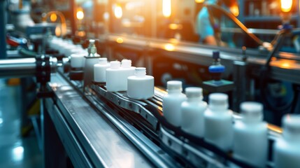 Obraz premium White bottles moving on a conveyor belt in a factory setting. A blurred worker can be seen in the background.