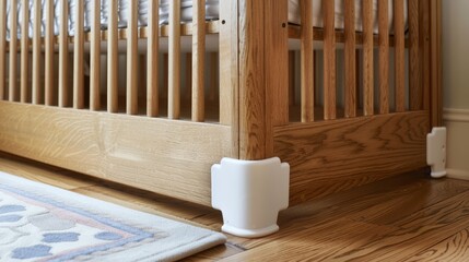 White corner guards installed on a wooden crib.  Safety for babies.