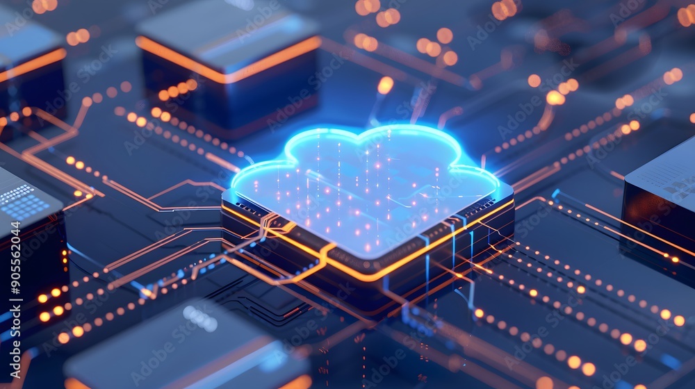 Poster futuristic digital cloud technology concept with glowing circuit board for data storage and network 