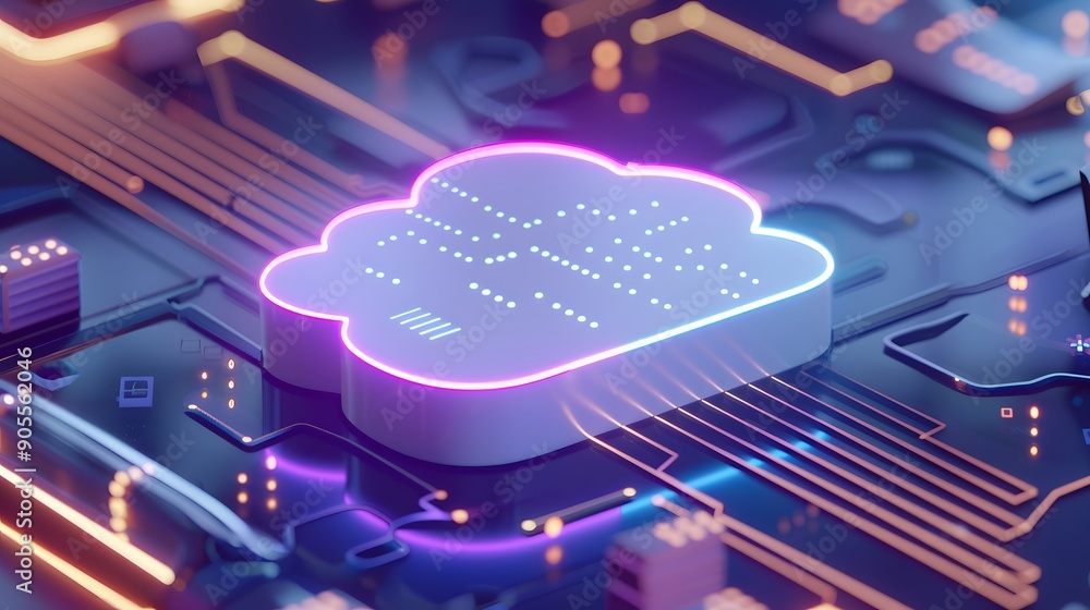 Poster futuristic digital cloud technology concept with glowing circuits. modern data storage and computing