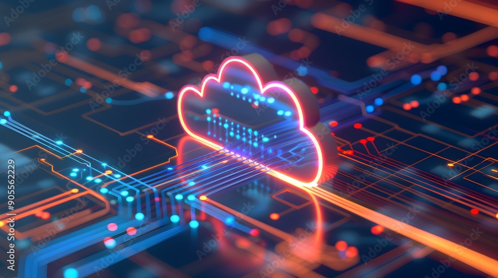 Poster Futuristic digital cloud technology with electronic circuit background representing modern data management and cloud computing solutions.