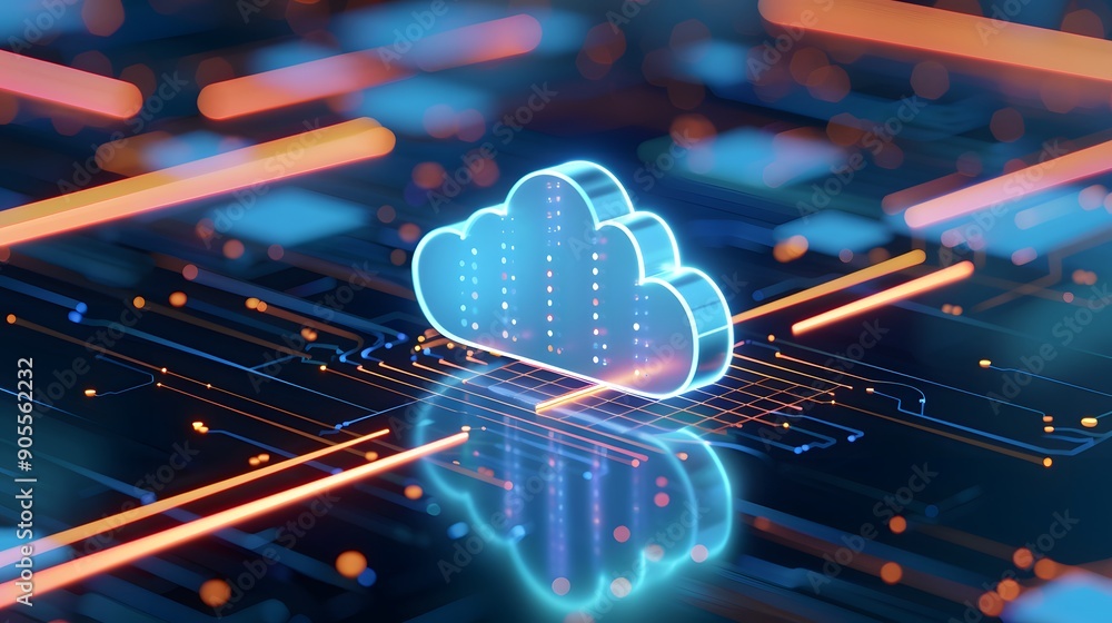 Poster futuristic digital cloud technology illustration with glowing lights and circuit board background, r