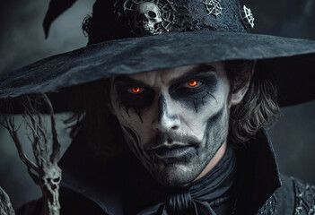 Portrait Scary warlock with dark makeup. Sinister Sorcerer with Glowing Eyes