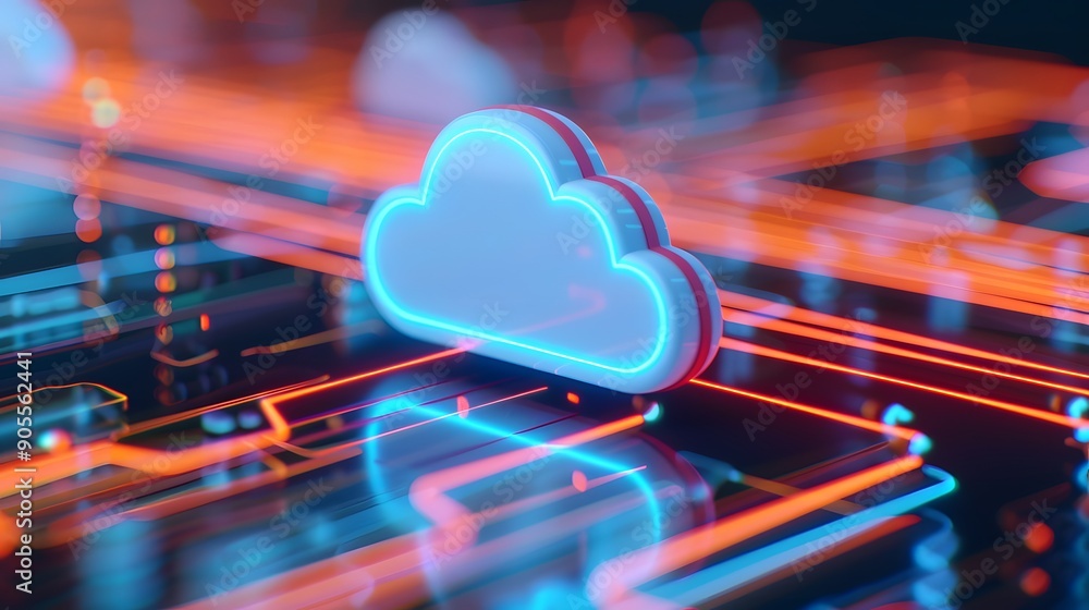 Poster futuristic digital illustration of a glowing cloud icon on a circuit board, representing modern clou