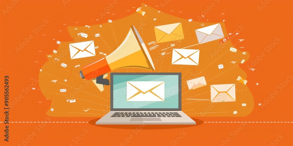 Poster a laptop computer surrounded by various envelopes and icons representing email marketing, set agains