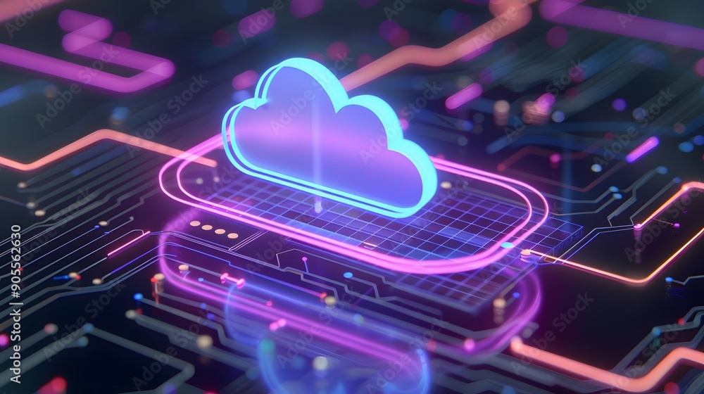 Poster futuristic digital representation of cloud computing technology with neon colors and intricate circu