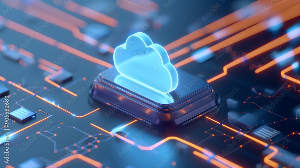 Poster futuristic digital technology concept showing a glowing cloud icon on a circuit board, representing 