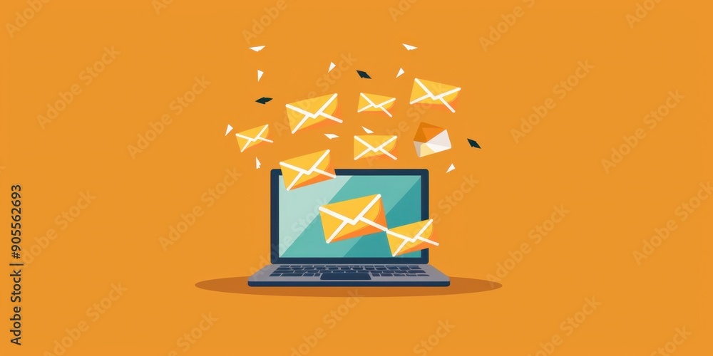 Aufkleber a laptop with floating envelopes and messages email marketing concept on orange background generativ