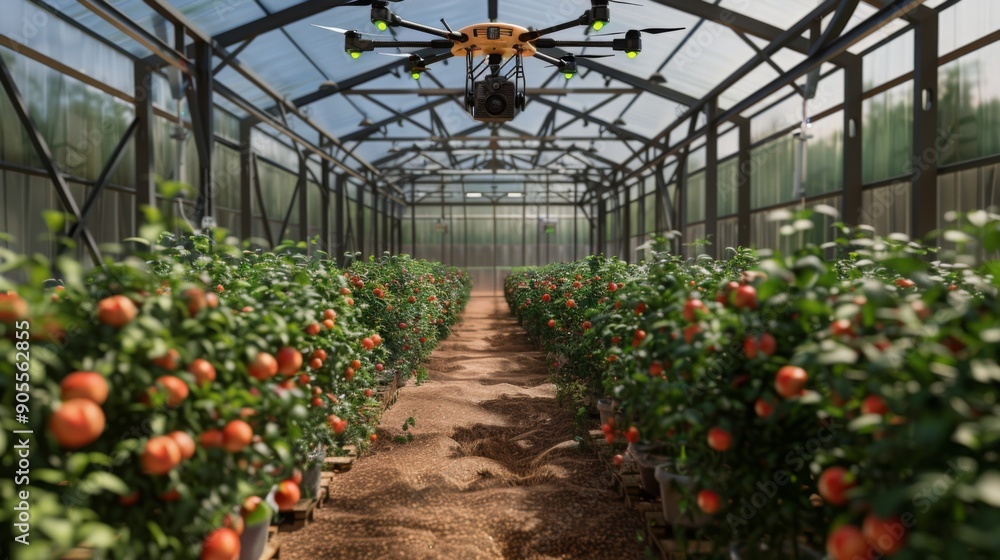 Poster a drone hovers above rows of citrus trees in a greenhouse, observing and monitoring their growth und