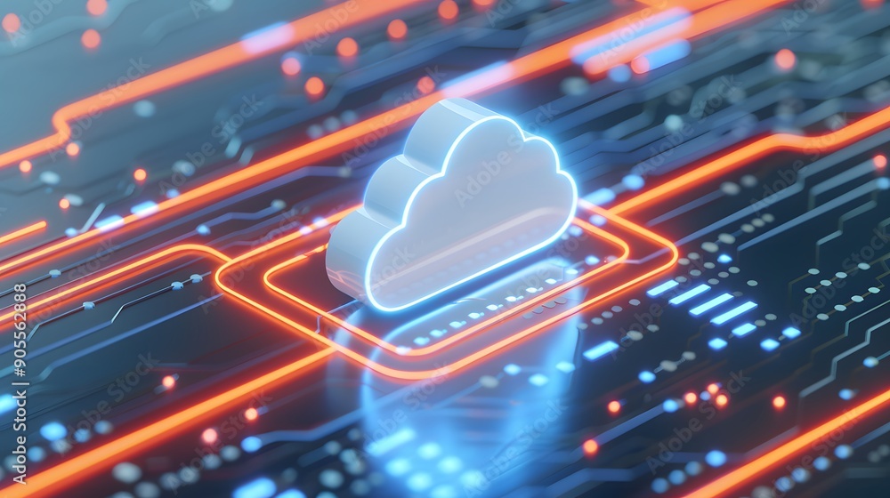Poster futuristic glowing cloud icon on a digital abstract background, representing modern cloud computing 