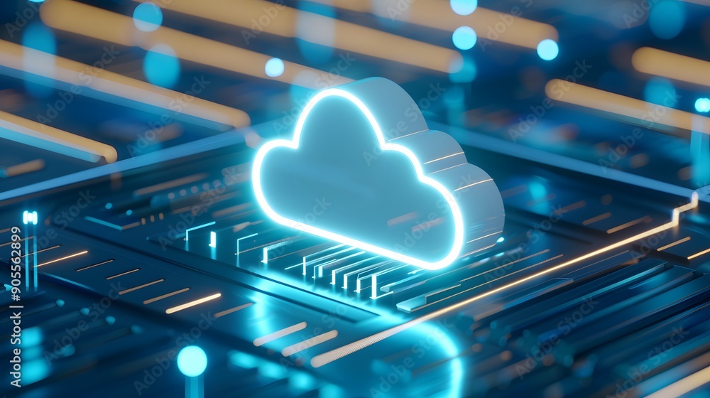 Poster futuristic glowing cloud icon on a digital circuit board, representing cloud computing, data storage