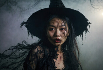 portrait of an Asian woman in a scary witch Halloween costume and makeup, black clothing