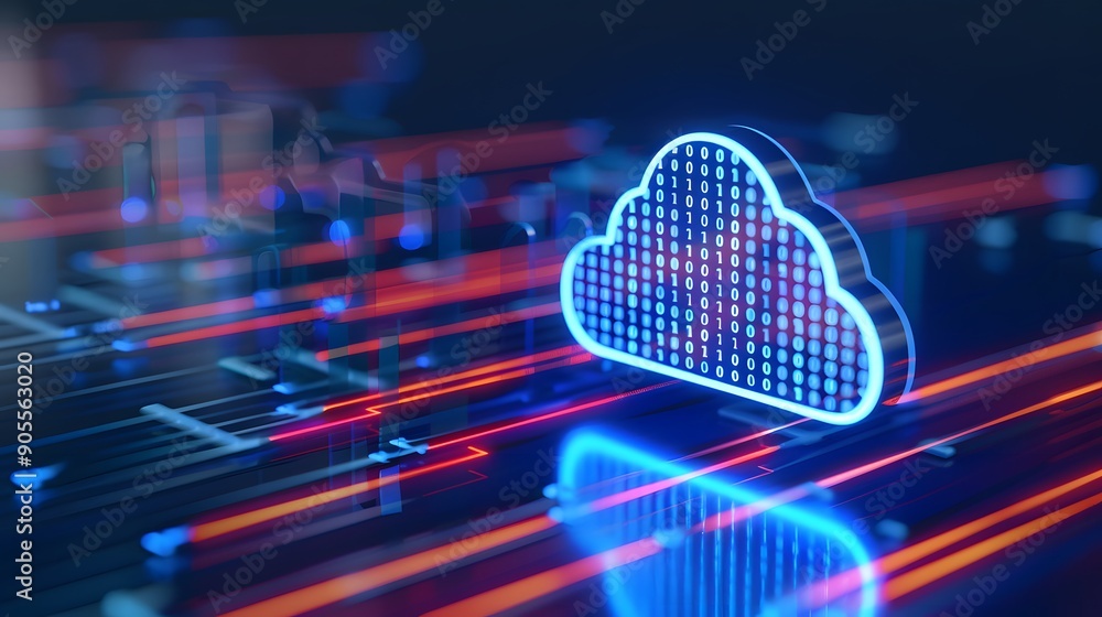Poster futuristic glowing cloud icon with digital connections and data transfer in a vibrant, high-tech env