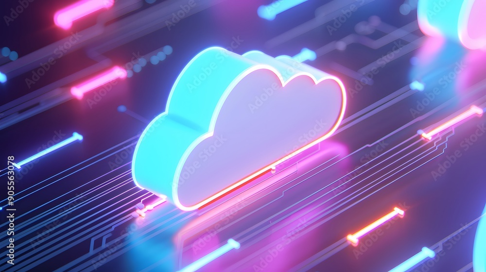 Poster futuristic glowing cloud symbol on a digital background representing cloud computing and data storag