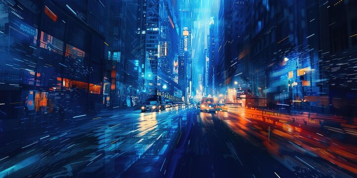 Blue light chase in the city at night. AI generation.