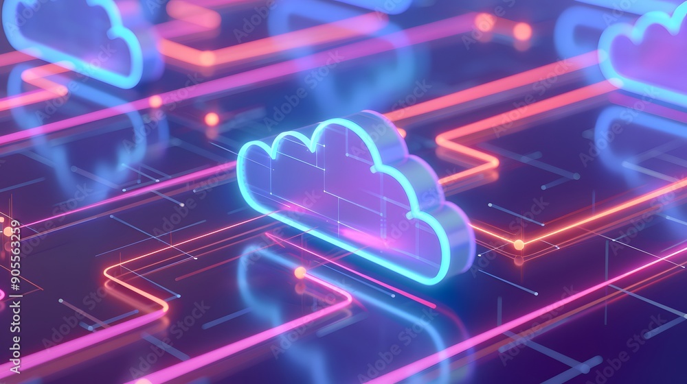 Poster futuristic glowing neon cloud icons interconnected over a digital network background, representing c