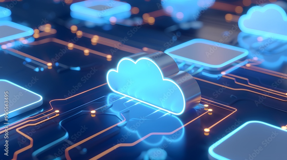 Poster futuristic illustration of cloud computing technology with glowing icons and circuitry, representing