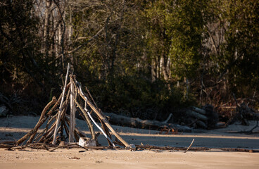 A small teepee created from the driftwood found along the beach at Harrington Beach State Park, Belgium, Wisconsin in early November