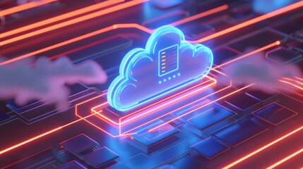 Fototapeta premium Futuristic illustration of cloud computing technology with a neon-lit cloud icon and circuit board elements, representing data storage and networking.