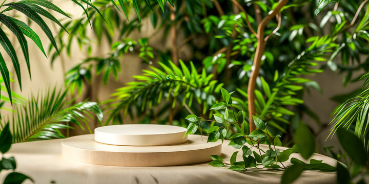 Double podium rond vide au mileu de plantes pour mockup